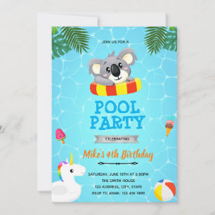 Invitation à la fête au bord de la piscine koala
