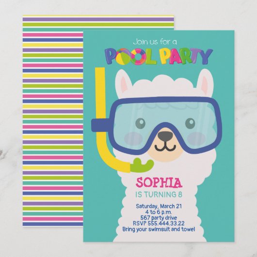 INVITATION À LA FÊTE AU PISCINE À THÈME LAMA (Devant / Derrière)