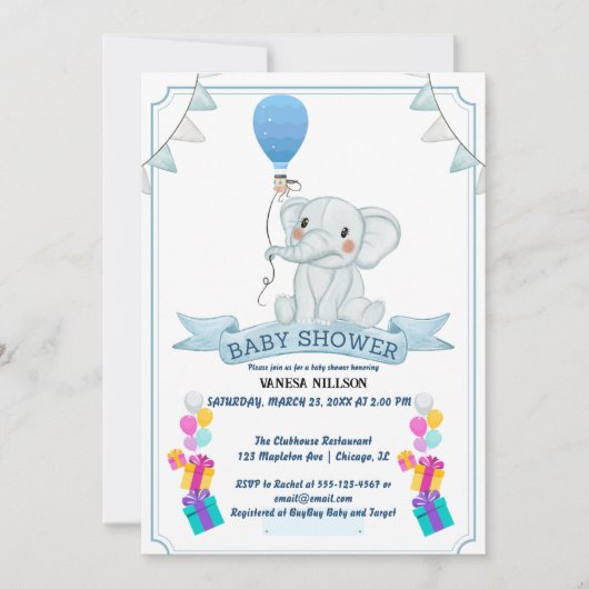 Invitation à la fête bébé éléphant ballon (Devant)