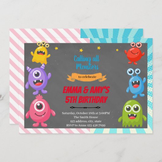 Invitation à la fête conjointe garçon fille monstr (Devant / Derrière)