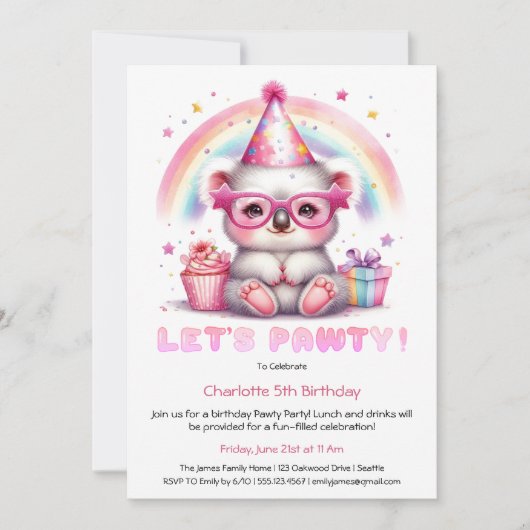 Invitation à la fête d’anniversaire de Cute Koala  (Devant)