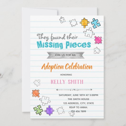 Invitation à la fête d'adoption de Missing Pieces (Devant)