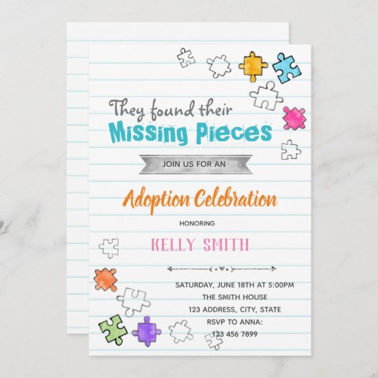Invitation à la fête d'adoption de Missing Pieces (Devant / Derrière)