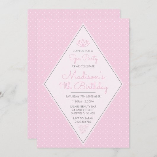 Invitation à la fête d'anniversaire à thème Spa (Devant / Derrière)