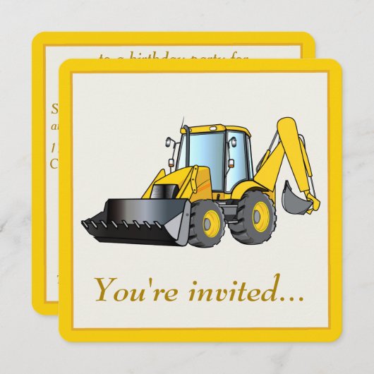 Invitation à la fête d'anniversaire avec Backhoe (Devant / Derrière)