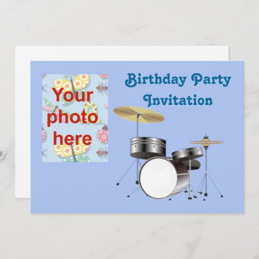 Invitation à la fête d'anniversaire avec kit à tam (Devant / Derrière)