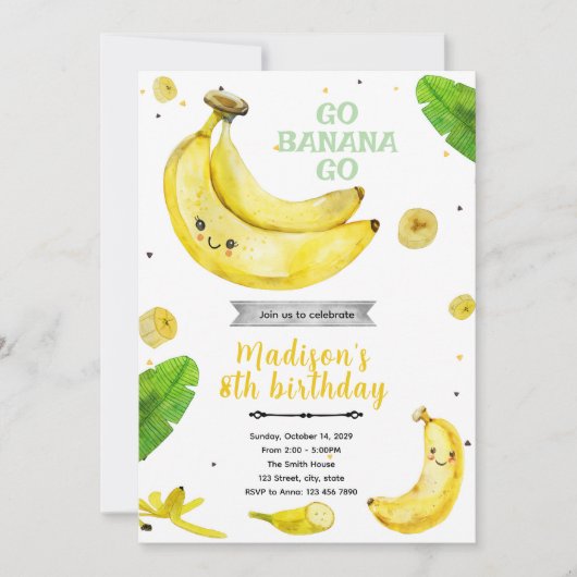 Invitation à la fête d'anniversaire Banane (Devant)