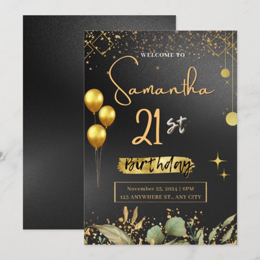 Invitation à la fête d'anniversaire Black and Gold (Devant / Derrière)