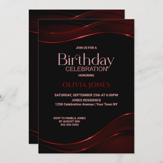 Invitation à la fête d'anniversaire Black Red (Devant / Derrière)