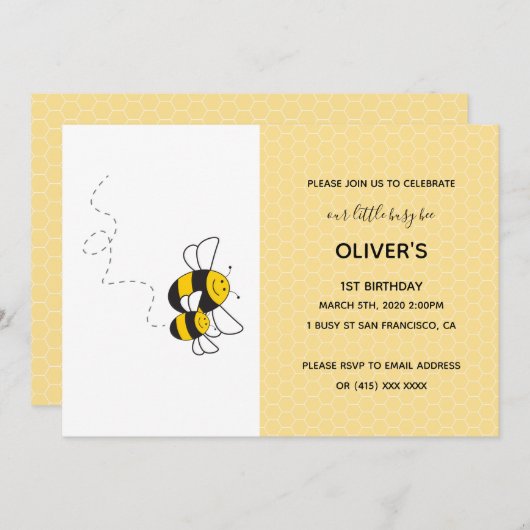Invitation à la fête d'anniversaire Busy bee bumbl (Devant / Derrière)