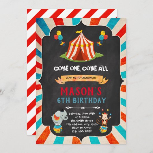 Invitation à la fête d'anniversaire Circus (Devant / Derrière)