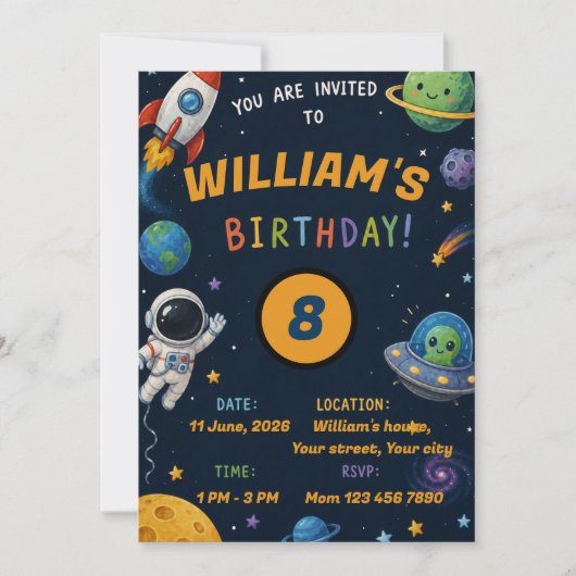 Invitation à la fête d'anniversaire Cosmos (Devant)