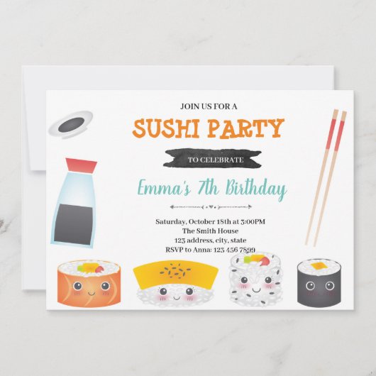Invitation à la fête d'anniversaire Cute Sushi (Devant)