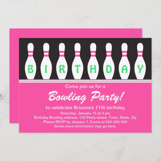Invitation à la fête d'anniversaire de bowling pou (Devant / Derrière)