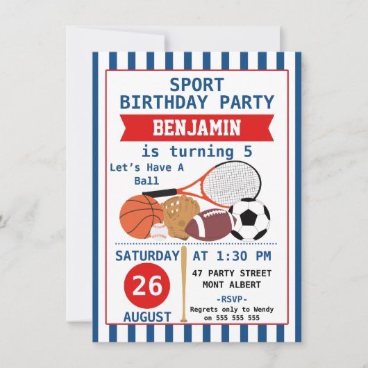 Invitation à la fête d'anniversaire de Boys Sports (Devant)