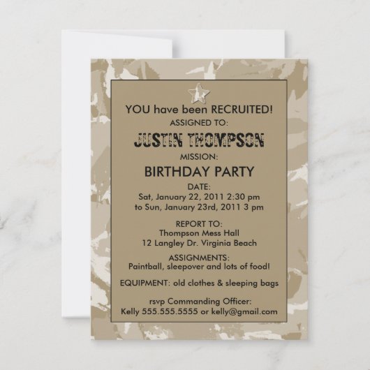Invitation à la fête d'anniversaire de Camo (Devant)