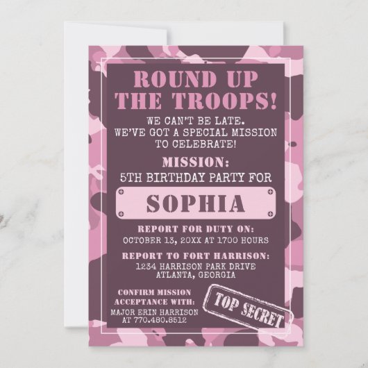 Invitation à la fête d'anniversaire de Camo, Armée (Devant)