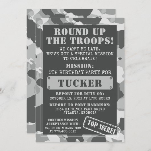 Invitation à la fête d'anniversaire de Camo, Armée (Devant / Derrière)