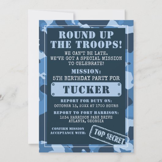 Invitation à la fête d'anniversaire de Camo, Armée (Devant)