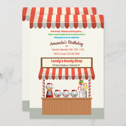 Invitation à la fête d'anniversaire de Candy Bar (Devant / Derrière)