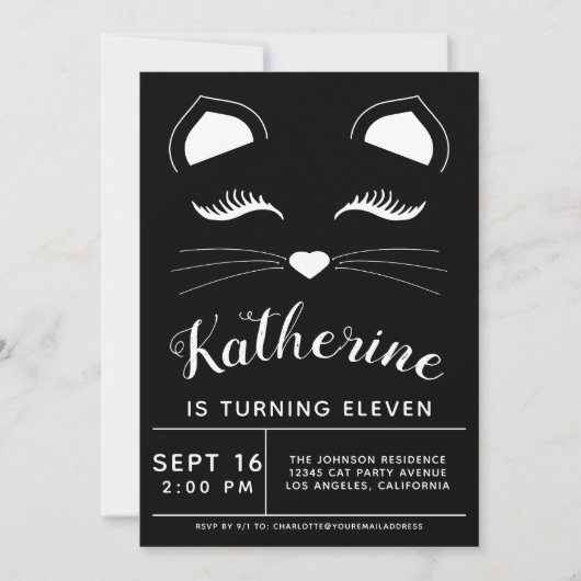 Invitation à la fête d'anniversaire de chat noir e (Devant)