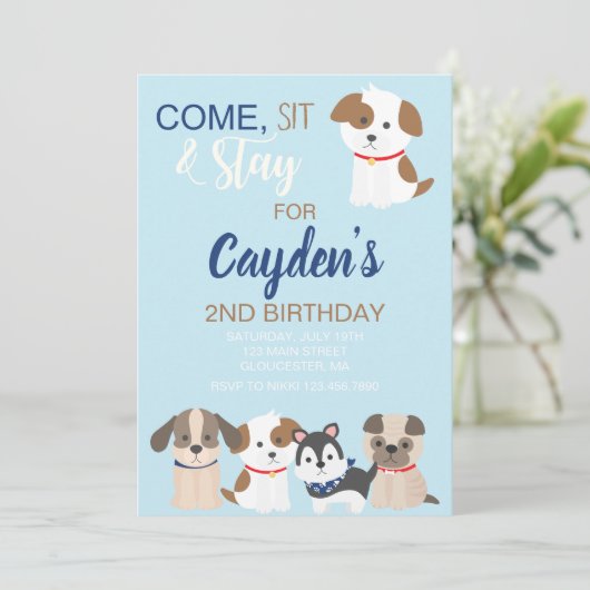 Invitation à la fête d'anniversaire de chiot bleu (Debout devant)