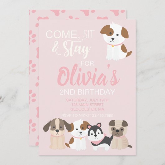 Invitation à la fête d'anniversaire de chiot rose (Devant / Derrière)