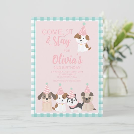Invitation à la fête d'anniversaire de chiot rose (Debout devant)