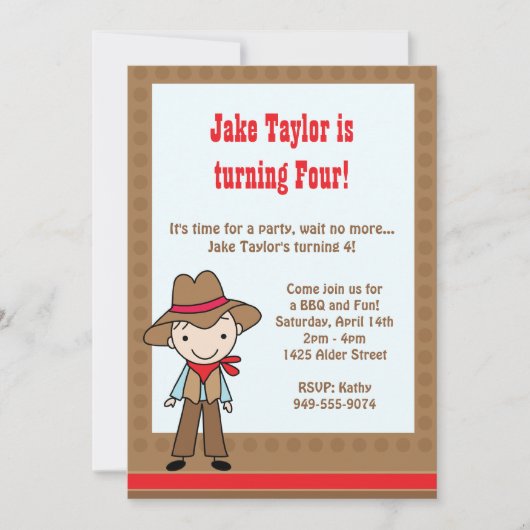 Invitation à la fête d'anniversaire de Cowboy (Devant)