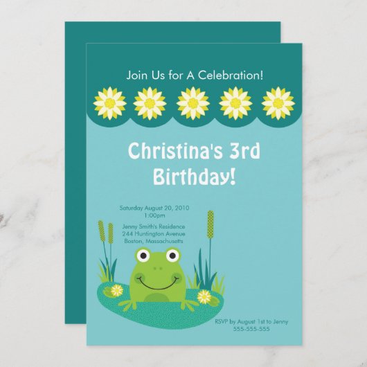 Invitation à la fête d'anniversaire de Cute Frog P (Devant / Derrière)