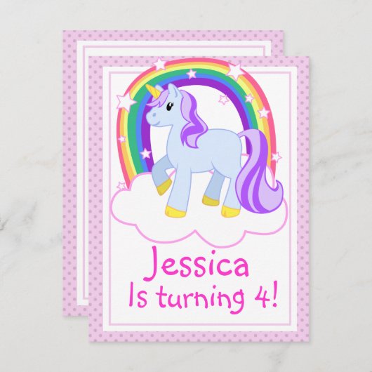 Invitation à la fête d'anniversaire de Cute Unicor (Devant / Derrière)