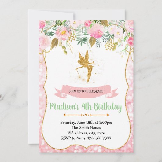 Invitation à la fête d'anniversaire de Fée (Devant)