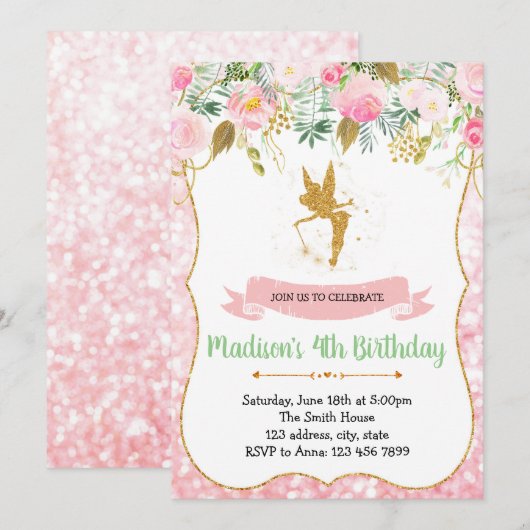 Invitation à la fête d'anniversaire de Fée (Devant / Derrière)