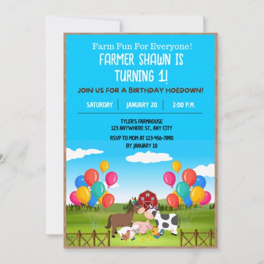 Invitation à la fête d'anniversaire de ferme (Devant)