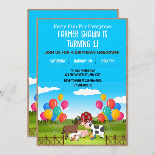 Invitation à la fête d'anniversaire de ferme (Devant / Derrière)
