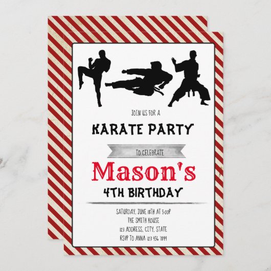 Invitation à la fête d'anniversaire de karaté (Devant / Derrière)