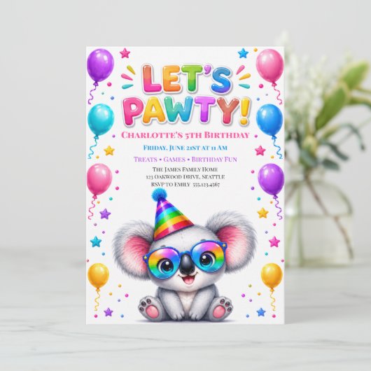 Invitation à la fête d'anniversaire de koala Let's (Debout devant)