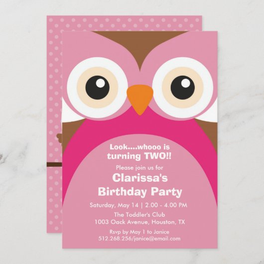 Invitation à la fête d'anniversaire de la Chouette (Devant / Derrière)