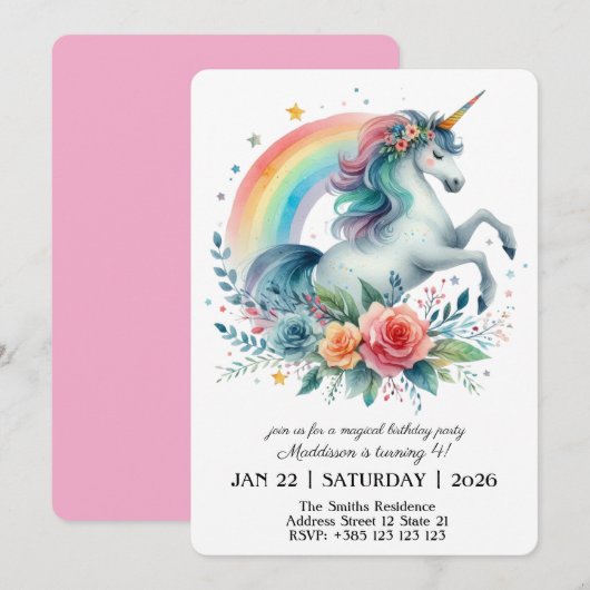 Invitation à la fête d'anniversaire de la licorne  (Devant / Derrière)