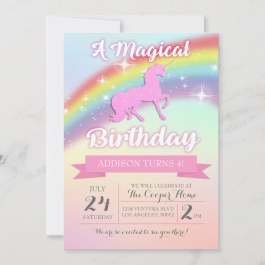 Invitation à la fête d'anniversaire de la licorne  (Devant)