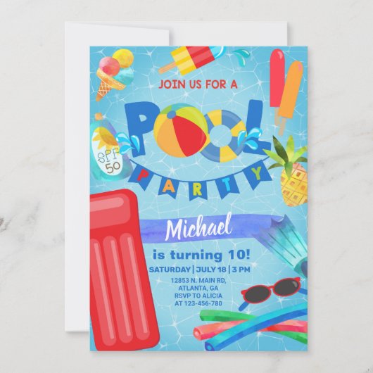 Invitation à la fête d'anniversaire de la piscine, (Devant)