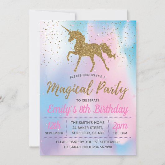 Invitation à la fête d'anniversaire de la Unicorne (Devant)