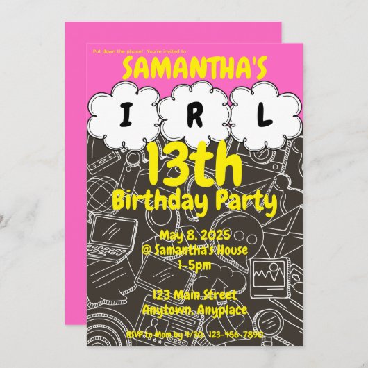 Invitation à la fête d'anniversaire de l'Ado IRL (Devant / Derrière)