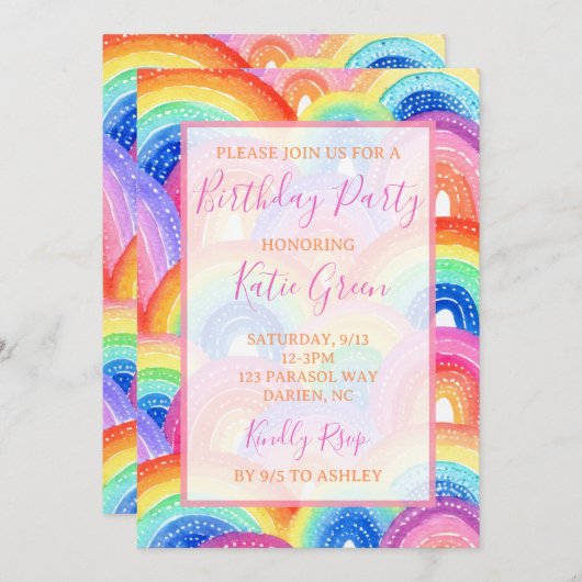 Invitation à la fête d'anniversaire de l'arc-en-ci (Devant / Derrière)