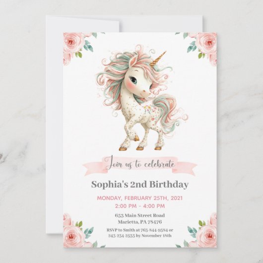 Invitation à la fête d'anniversaire de licorne de (Devant)