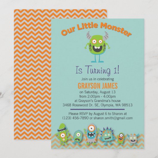 Invitation à la fête d'anniversaire de Little Mons (Devant / Derrière)