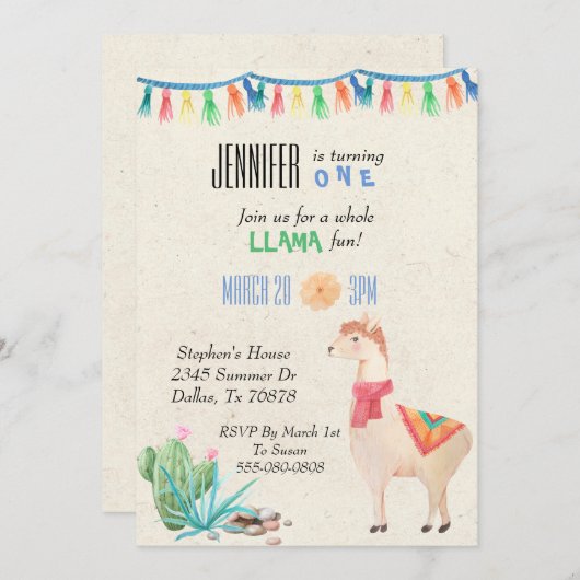 Invitation à la fête d'anniversaire de Llama Alpac (Devant / Derrière)