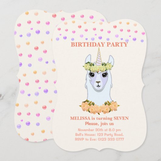 Invitation à la fête d'anniversaire de Llama-corn (Devant / Derrière)