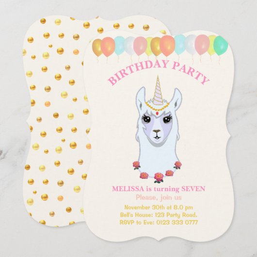 Invitation à la fête d'anniversaire de Llama-corn (Devant / Derrière)