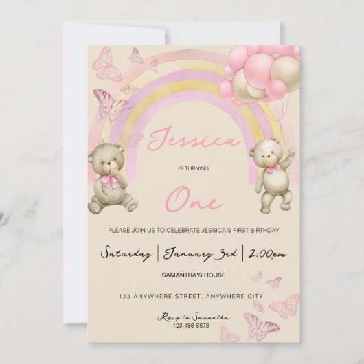 Invitation à la fête d'anniversaire de l'ours en p (Devant)